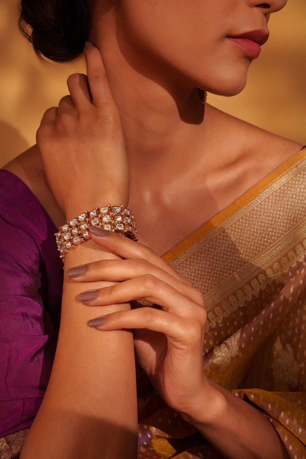 Gold Plated Three Layer Kundan Polki Bracelet Zevar by Geeta - Fabilicious Fashion