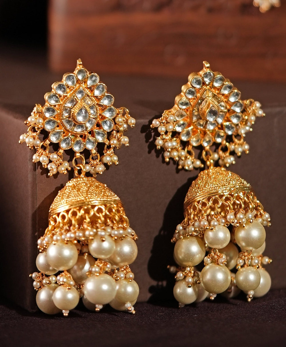 Gold Plated Traditional Jadtar Stone Jhumka With Pearl Kalyani Indian Jewelry - Fabilicious Fashion