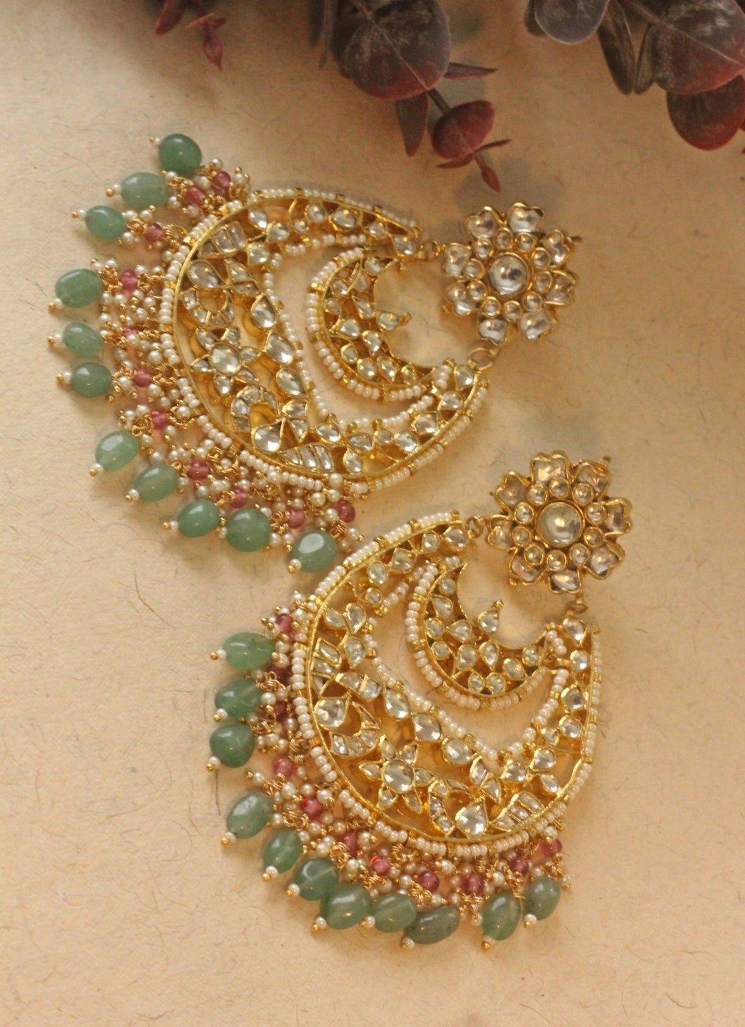 Gold Plated Traditional White Jadtar Stone Chandbali Earrings Kalyani Indian Jewelry - Fabilicious Fashion