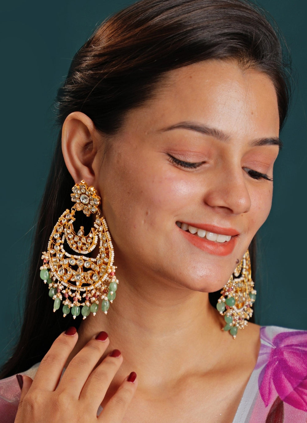 Gold Plated Traditional White Jadtar Stone Chandbali Earrings Kalyani Indian Jewelry - Fabilicious Fashion