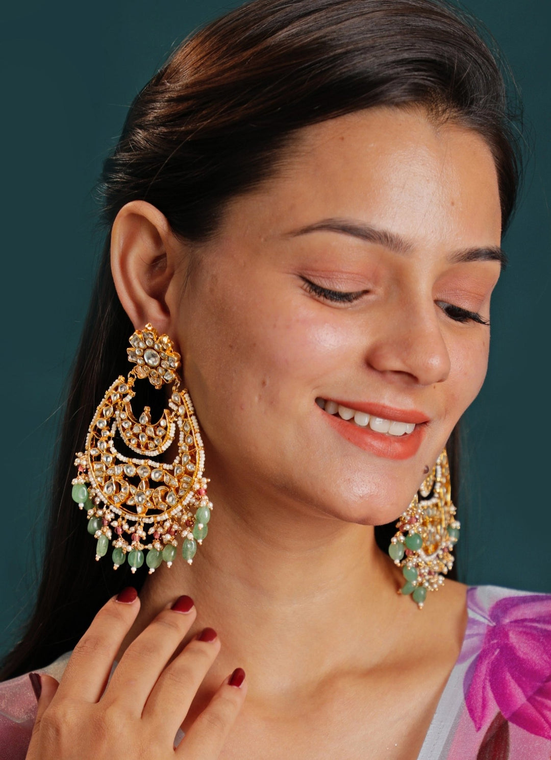 Gold Plated Traditional White Jadtar Stone Chandbali Earrings Kalyani Indian Jewelry - Fabilicious Fashion