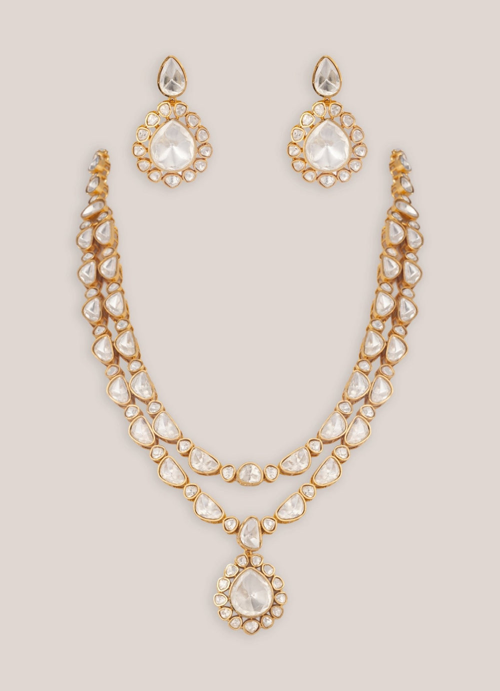 Gold Plated Two Layer Moissanite Long Necklace Set Zevar by Geeta - Fabilicious Fashion