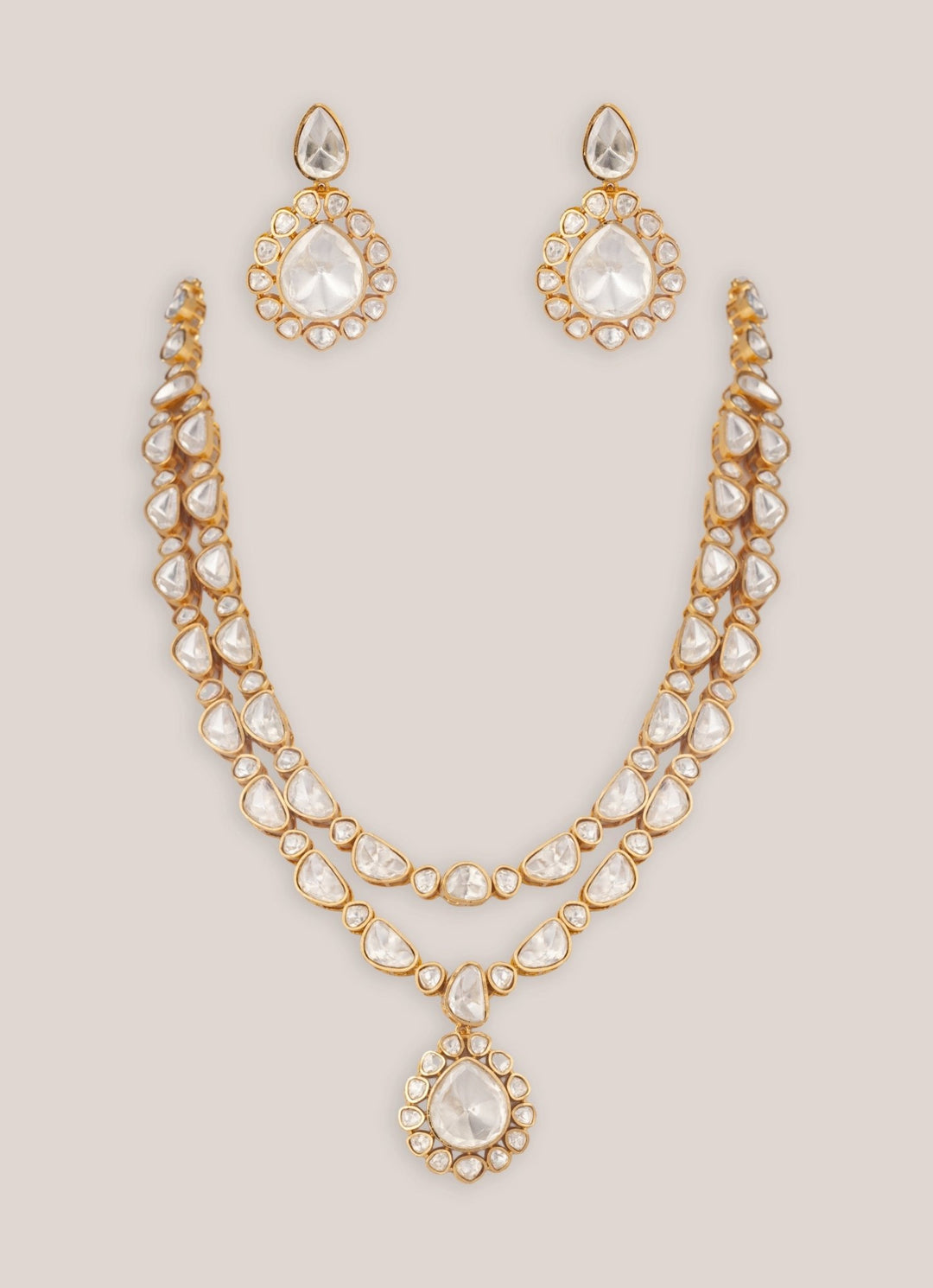 Gold Plated Two Layer Moissanite Long Necklace Set Zevar by Geeta - Fabilicious Fashion