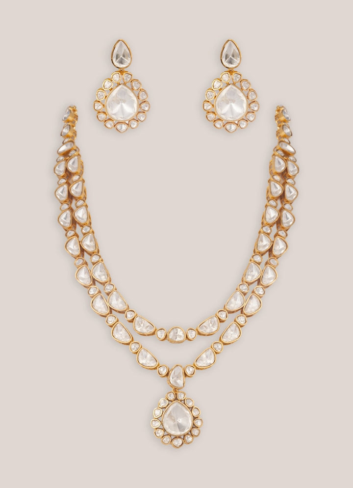 Gold Plated Two Layer Moissanite Long Necklace Set Zevar by Geeta - Fabilicious Fashion