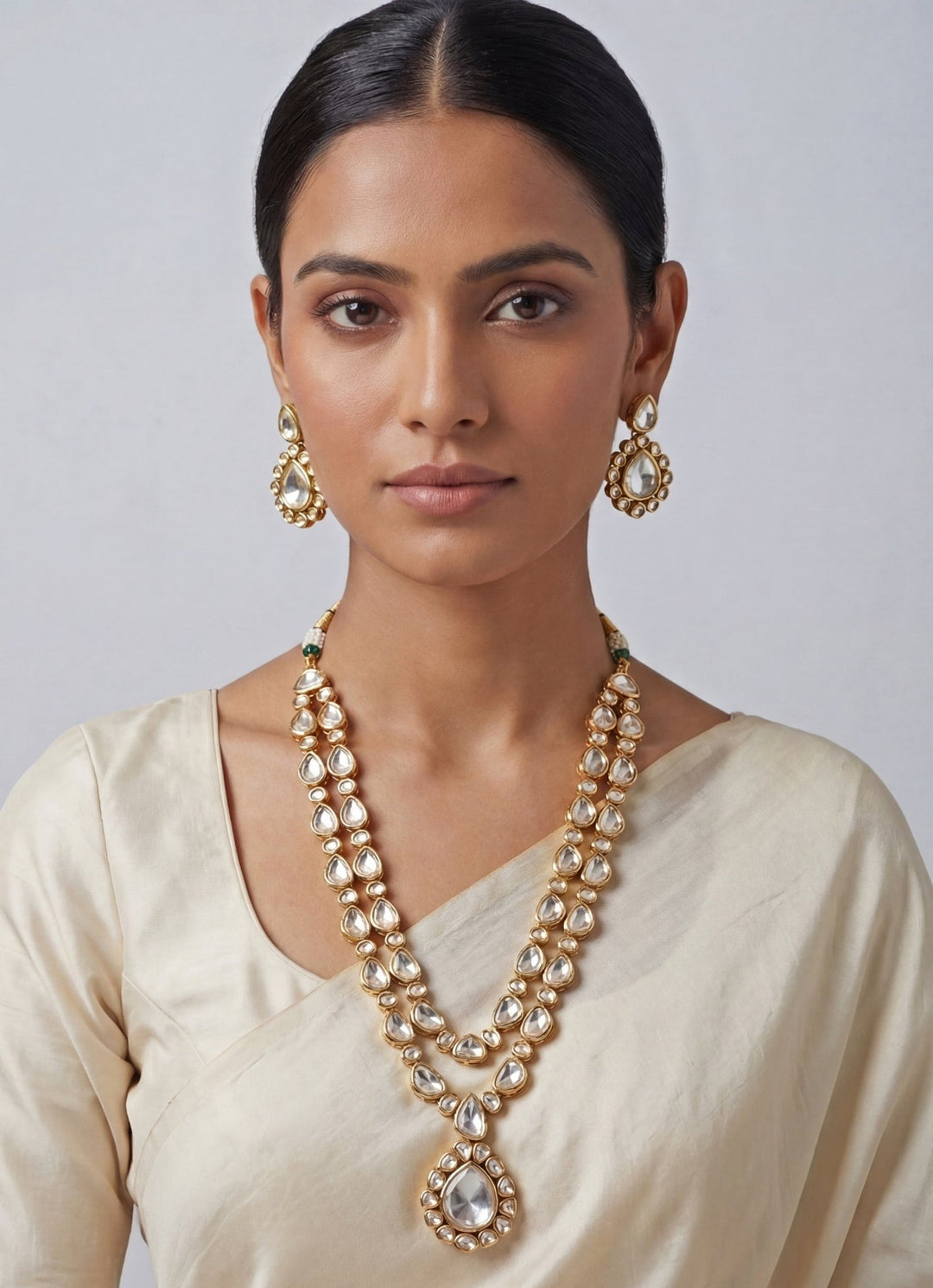 Gold Plated Two Layer Moissanite Long Necklace Set Zevar by Geeta - Fabilicious Fashion