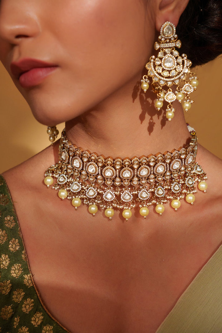 Gold Plated Two Tone Polki Choker Set Zevar by Geeta - Fabilicious Fashion