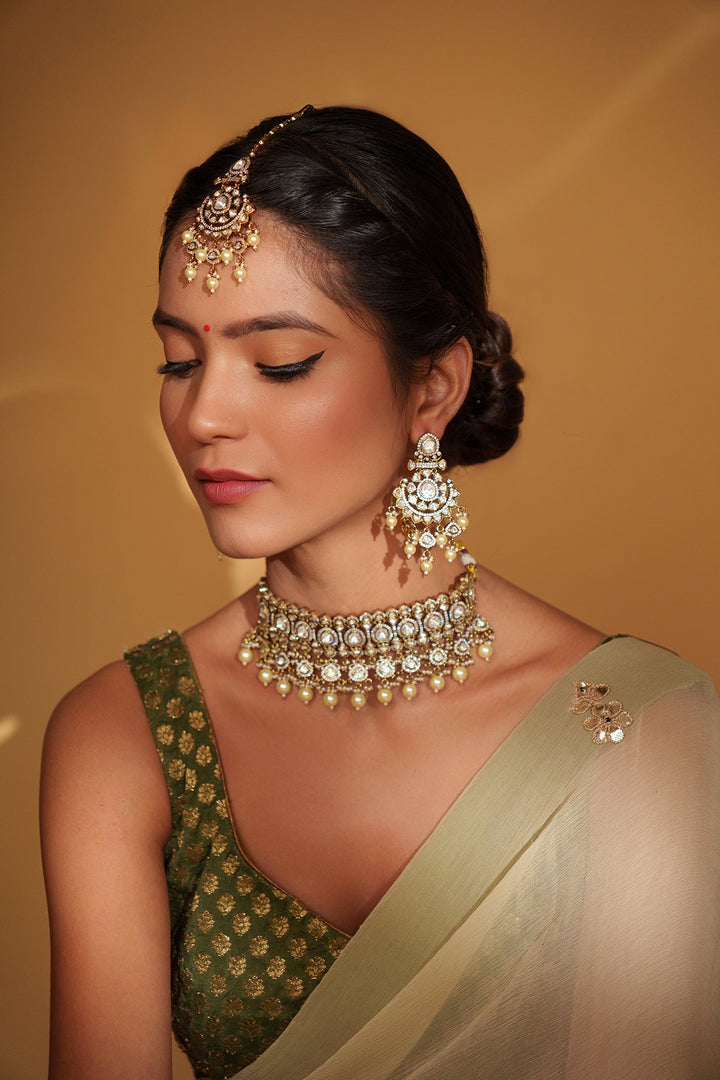 Gold Plated Two Tone Polki Choker Set Zevar by Geeta - Fabilicious Fashion