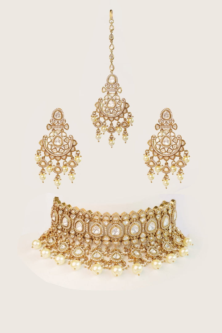 Gold Plated Two Tone Polki Choker Set Zevar by Geeta - Fabilicious Fashion
