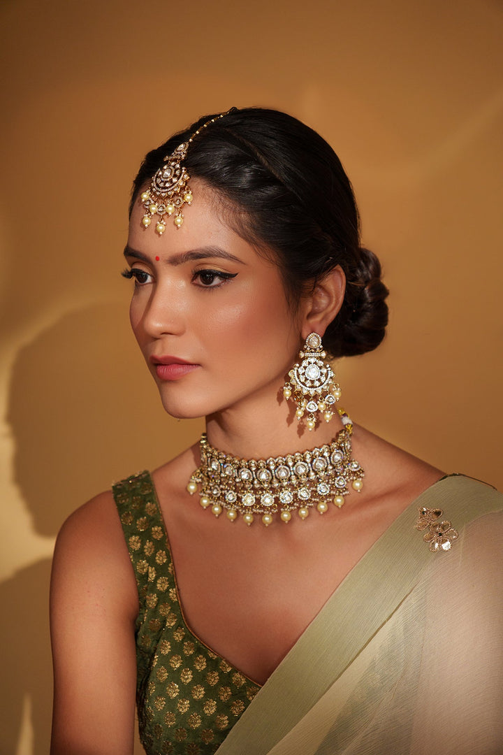 Gold Plated Two Tone Polki Choker Set Zevar by Geeta - Fabilicious Fashion