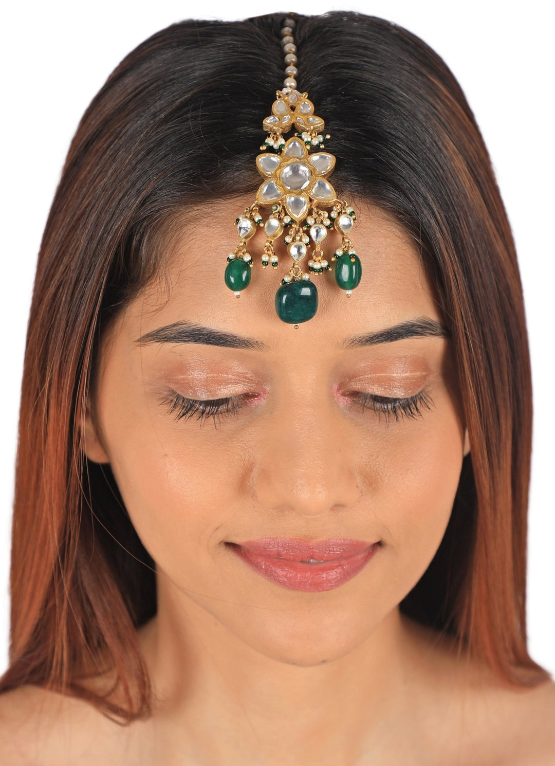 Gold Plated White and Emerald Maang Tikka Riana by Shikha Jindal - Fabilicious Fashion