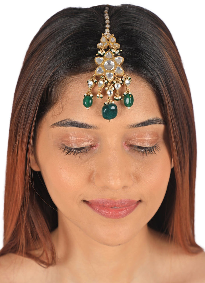Gold Plated White and Emerald Maang Tikka Riana by Shikha Jindal - Fabilicious Fashion