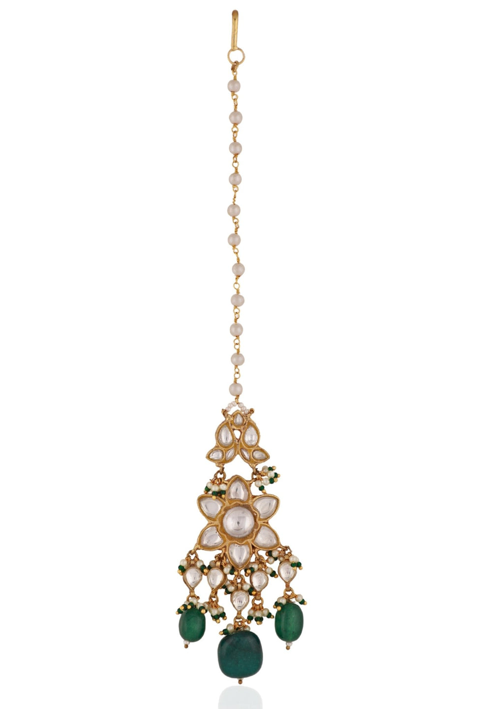 Gold Plated White and Emerald Maang Tikka Riana by Shikha Jindal - Fabilicious Fashion