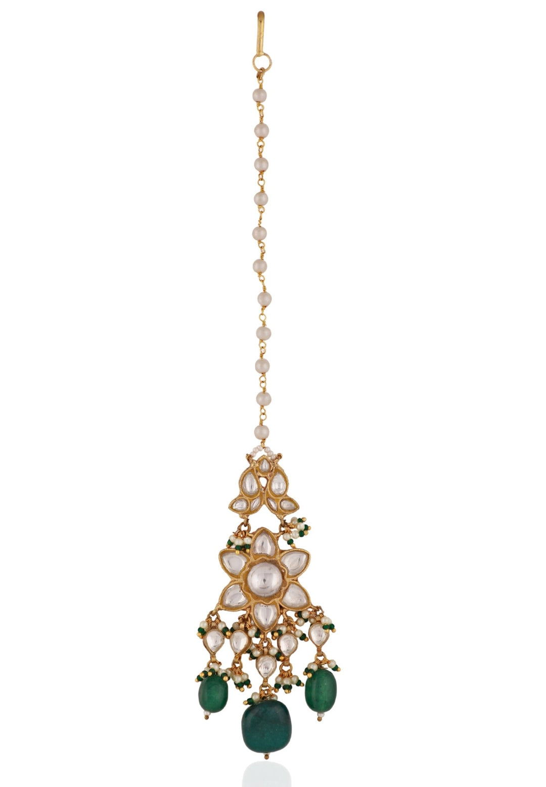 Gold Plated White and Emerald Maang Tikka Riana by Shikha Jindal - Fabilicious Fashion
