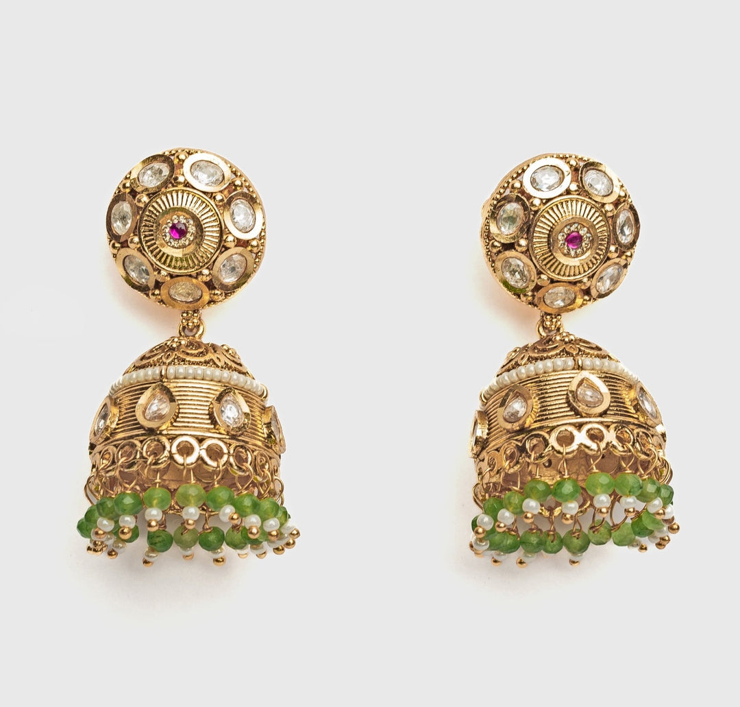 Gold Plated White And Green Stone Jhumka Earrings Vivinia by Vidhi Mehra - Fabilicious Fashion