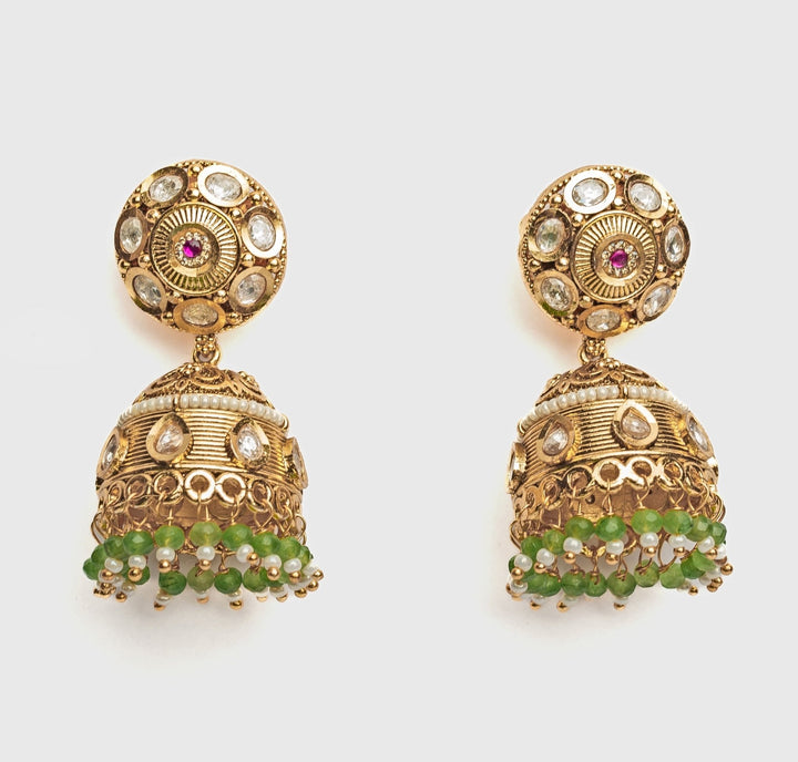 Gold Plated White And Green Stone Jhumka Earrings Vivinia by Vidhi Mehra - Fabilicious Fashion