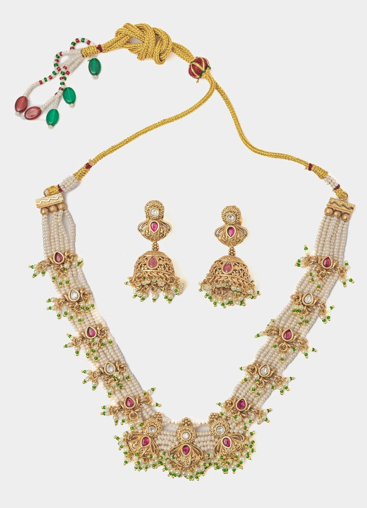 Gold Plated White And Multi Stone Choker Necklace Set With Jhumkas Vivinia by Vidhi Mehra - Fabilicious Fashion