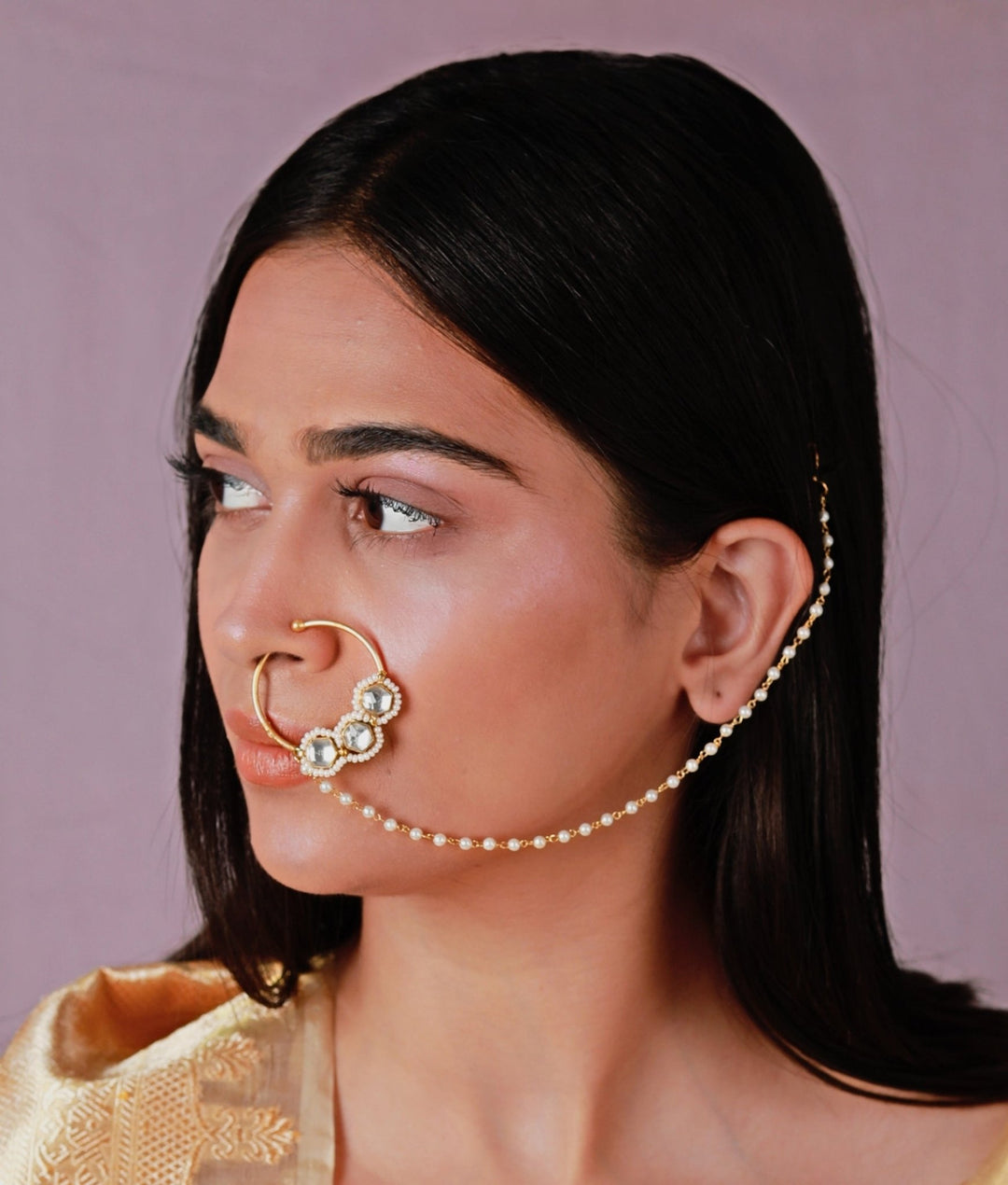 Gold Plated White And Pearl Beaded Nose Ring Riana by Shikha Jindal - Fabilicious Fashion