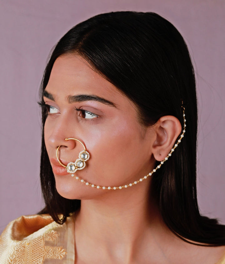 Gold Plated White And Pearl Beaded Nose Ring Riana by Shikha Jindal - Fabilicious Fashion