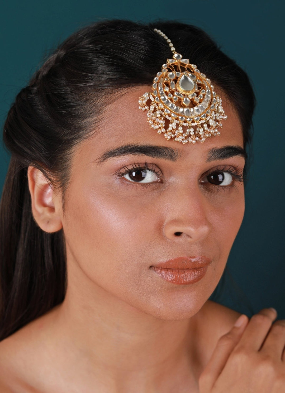 Gold Plated White And Pearl Jadtar Maangtikka Riana by Shikha Jindal - Fabilicious Fashion