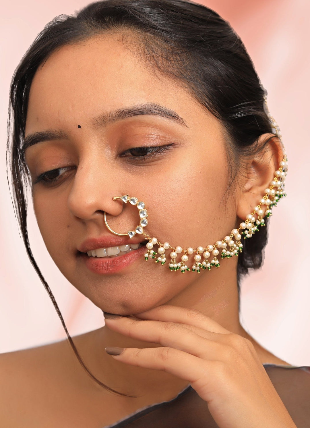Gold - Plated White and Sea Green beaded Nath Riana by Shikha Jindal - Fabilicious Fashion