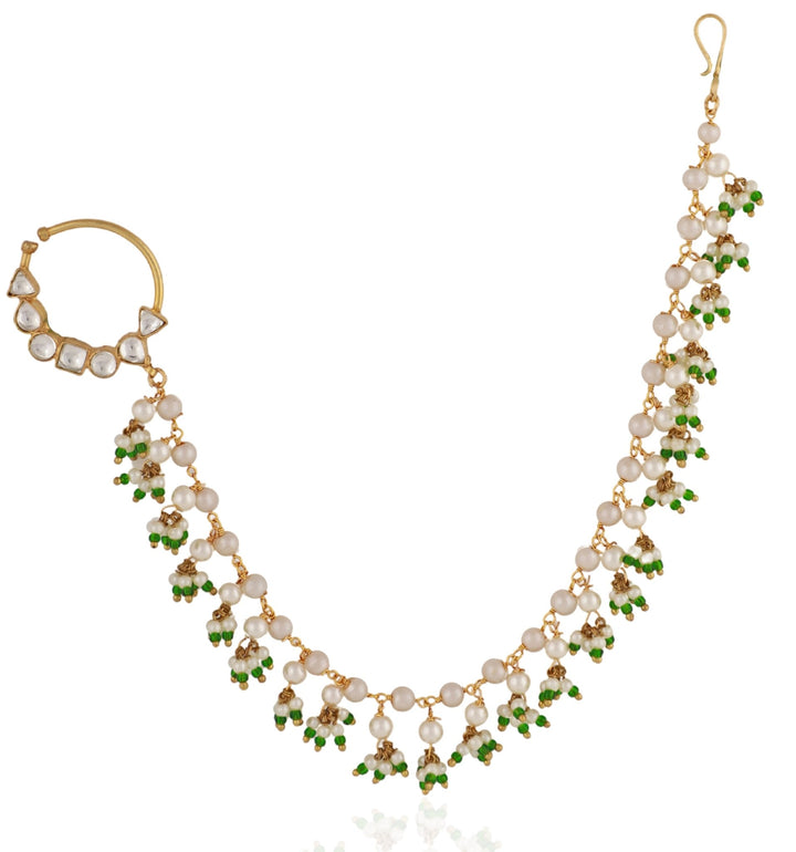 Gold - Plated White and Sea Green beaded Nath Riana by Shikha Jindal - Fabilicious Fashion
