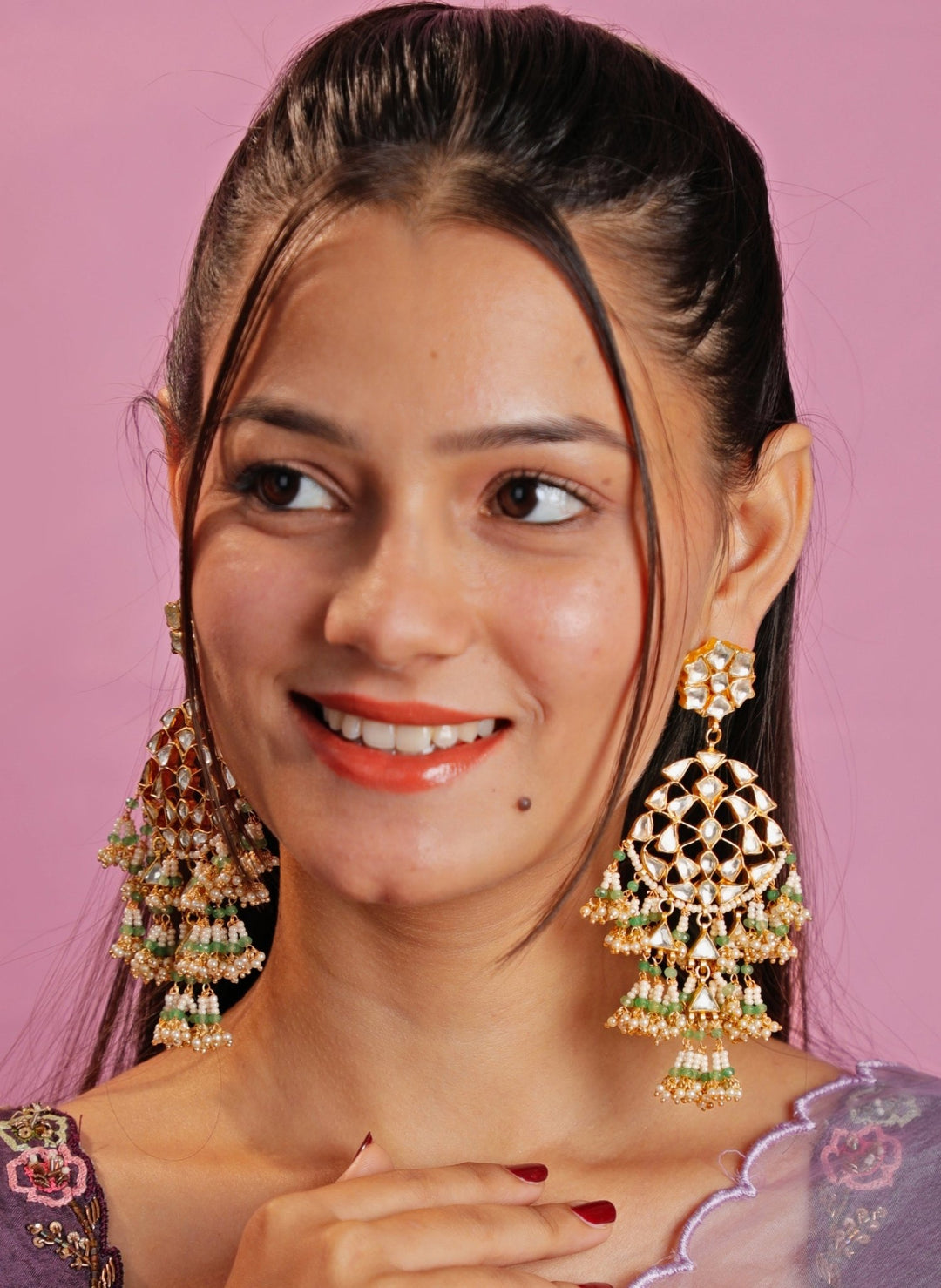 Gold Plated White And Sea Green Embellished Long Earrings Kalyani Indian Jewelry - Fabilicious Fashion