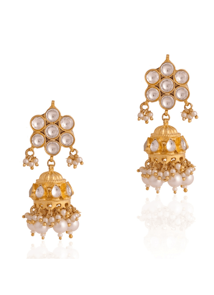 Gold Plated White Floral Jhumkas Riana by Shikha Jindal - Fabilicious Fashion
