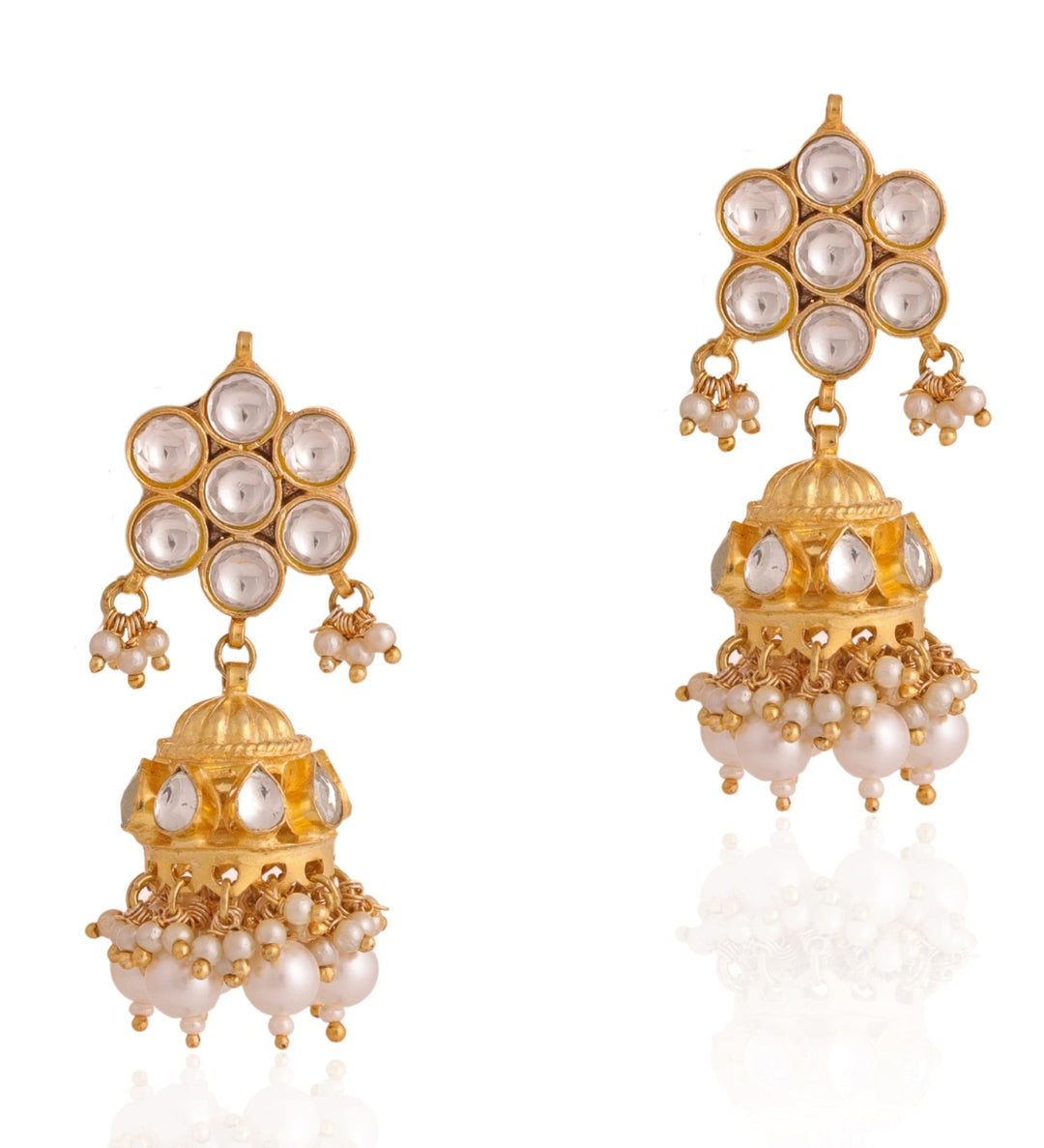 Gold Plated White Floral Jhumkas Riana by Shikha Jindal - Fabilicious Fashion