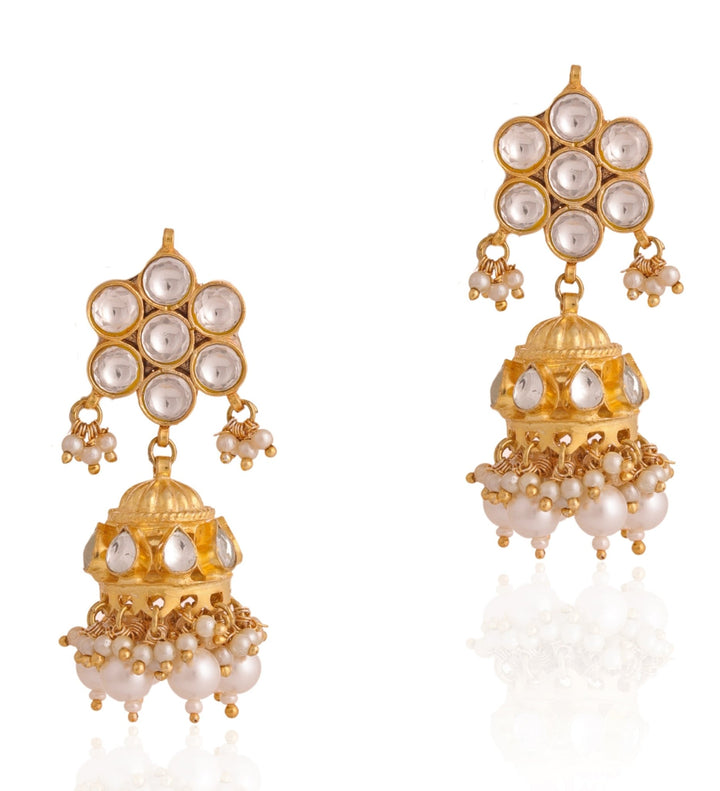 Gold Plated White Floral Jhumkas Riana by Shikha Jindal - Fabilicious Fashion