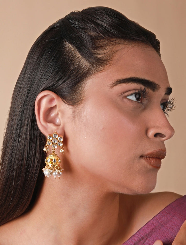 Gold Plated White Floral Jhumkas Riana by Shikha Jindal - Fabilicious Fashion