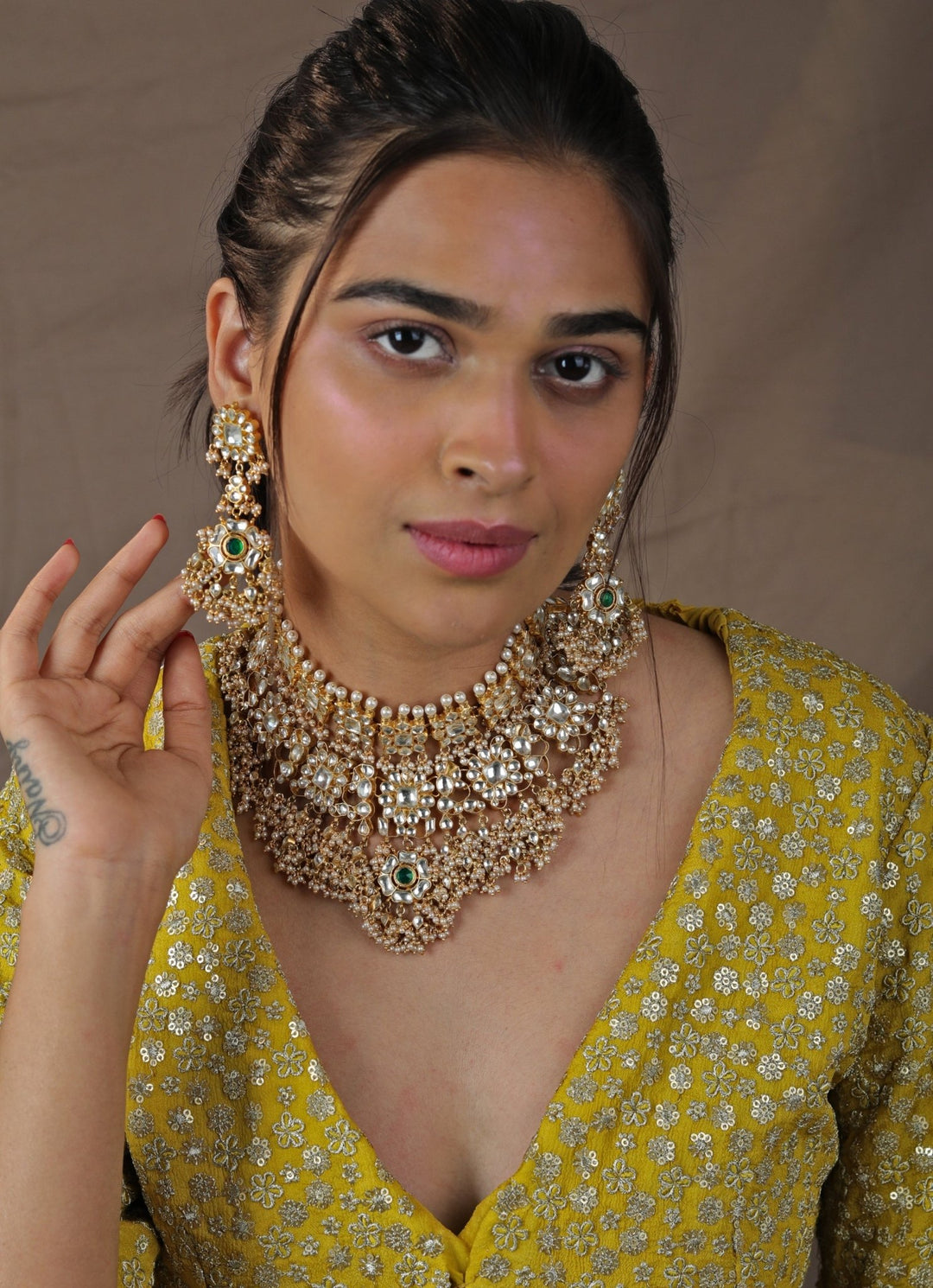 Gold Plated White Jadtar Stone Necklace set Riana by Shikha Jindal - Fabilicious Fashion