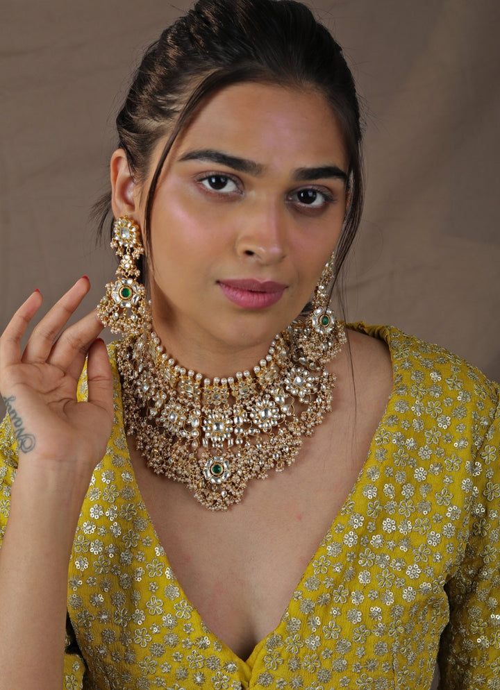 Gold Plated White Jadtar Stone Necklace set Riana by Shikha Jindal - Fabilicious Fashion