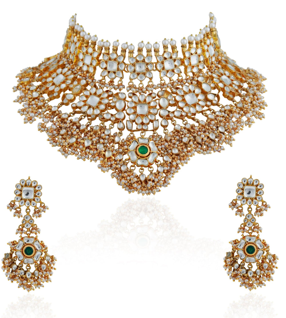 Gold Plated White Jadtar Stone Necklace set Riana by Shikha Jindal - Fabilicious Fashion