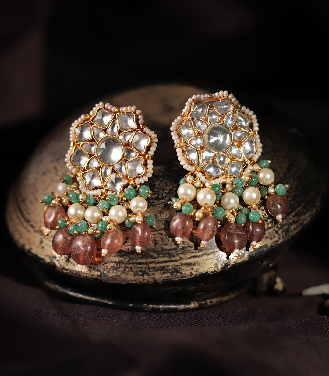 Gold Plated White Jadtar Stud Earrings With Pink And Green Hangings Kalyani Indian Jewelry - Fabilicious Fashion