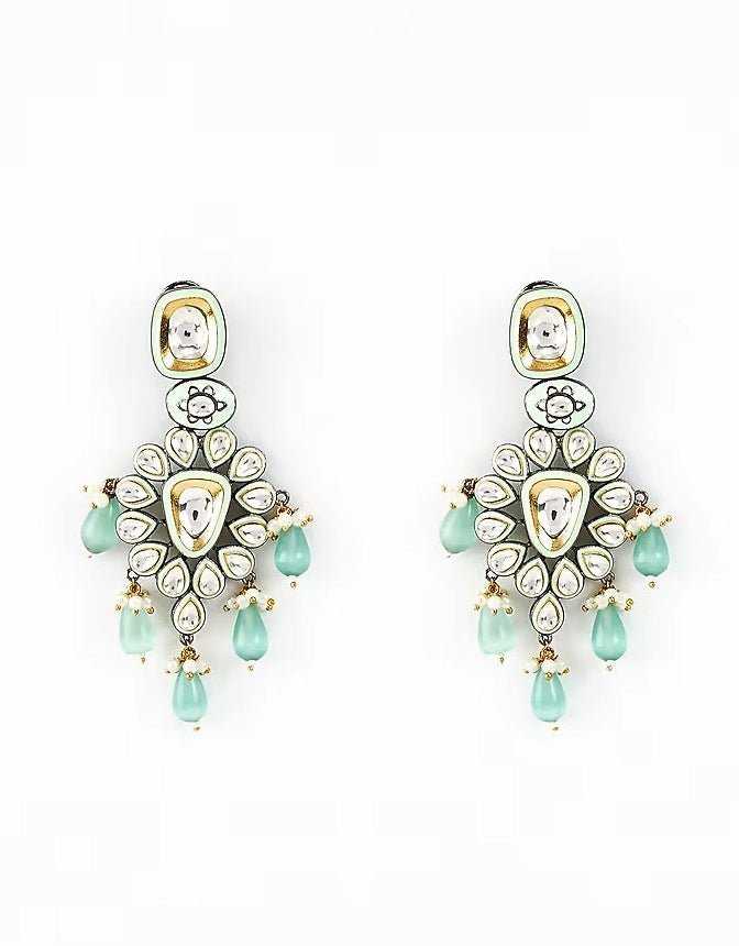 Gold Plated White Kundan And Green Drop Floral Earrings Vivinia by Vidhi Mehra - Fabilicious Fashion