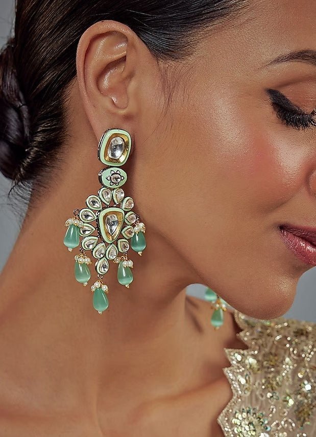 Gold Plated White Kundan And Green Drop Floral Earrings Vivinia by Vidhi Mehra - Fabilicious Fashion