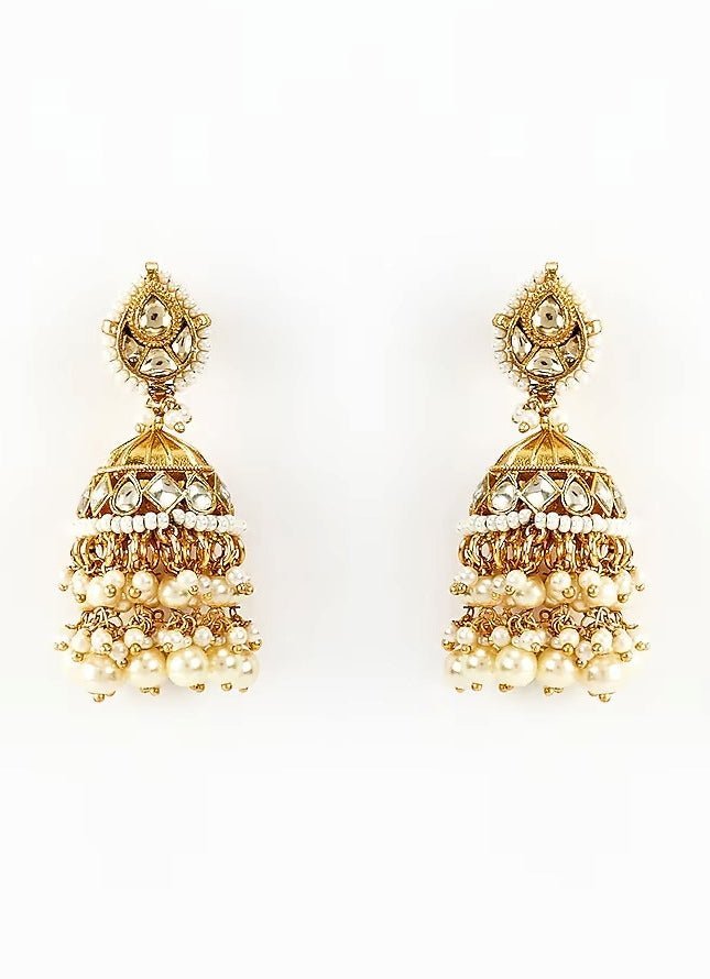 Gold Plated White Kundan And Polki Jhumkas Earrings Vivinia by Vidhi Mehra - Fabilicious Fashion