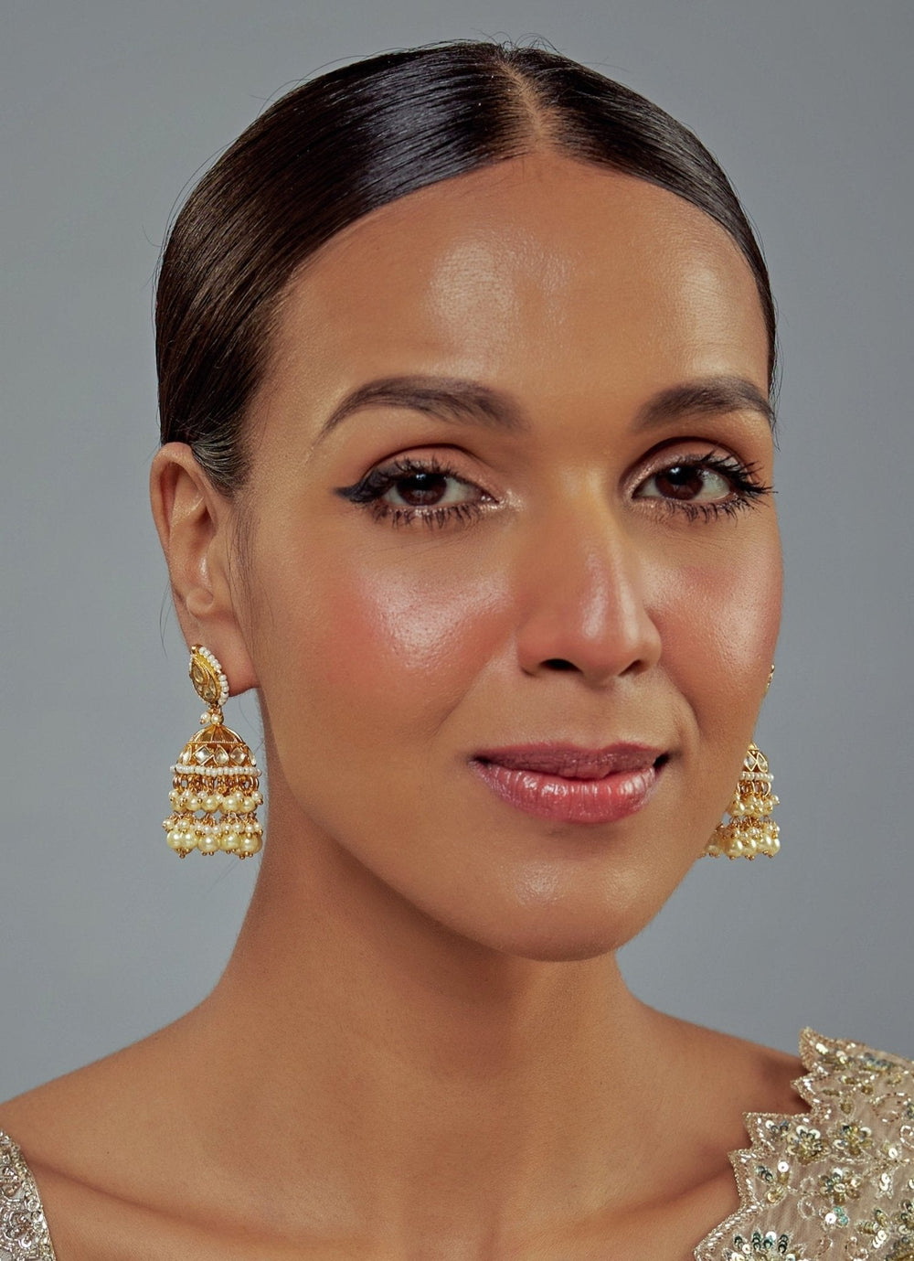 Gold Plated White Kundan And Polki Jhumkas Earrings Vivinia by Vidhi Mehra - Fabilicious Fashion