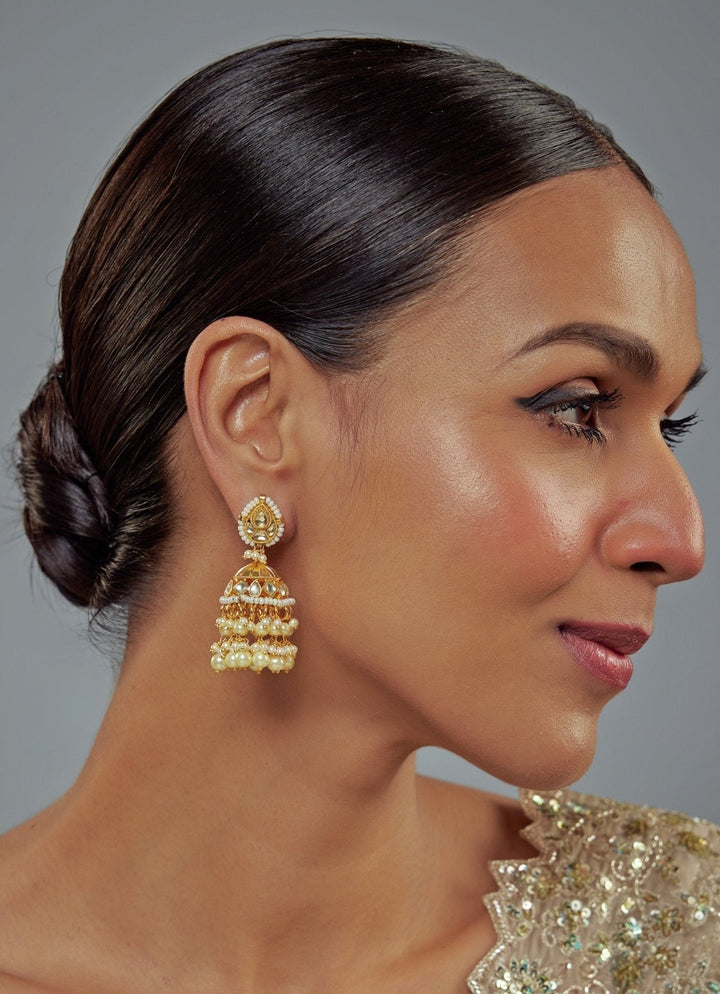 Gold Plated White Kundan And Polki Jhumkas Earrings Vivinia by Vidhi Mehra - Fabilicious Fashion