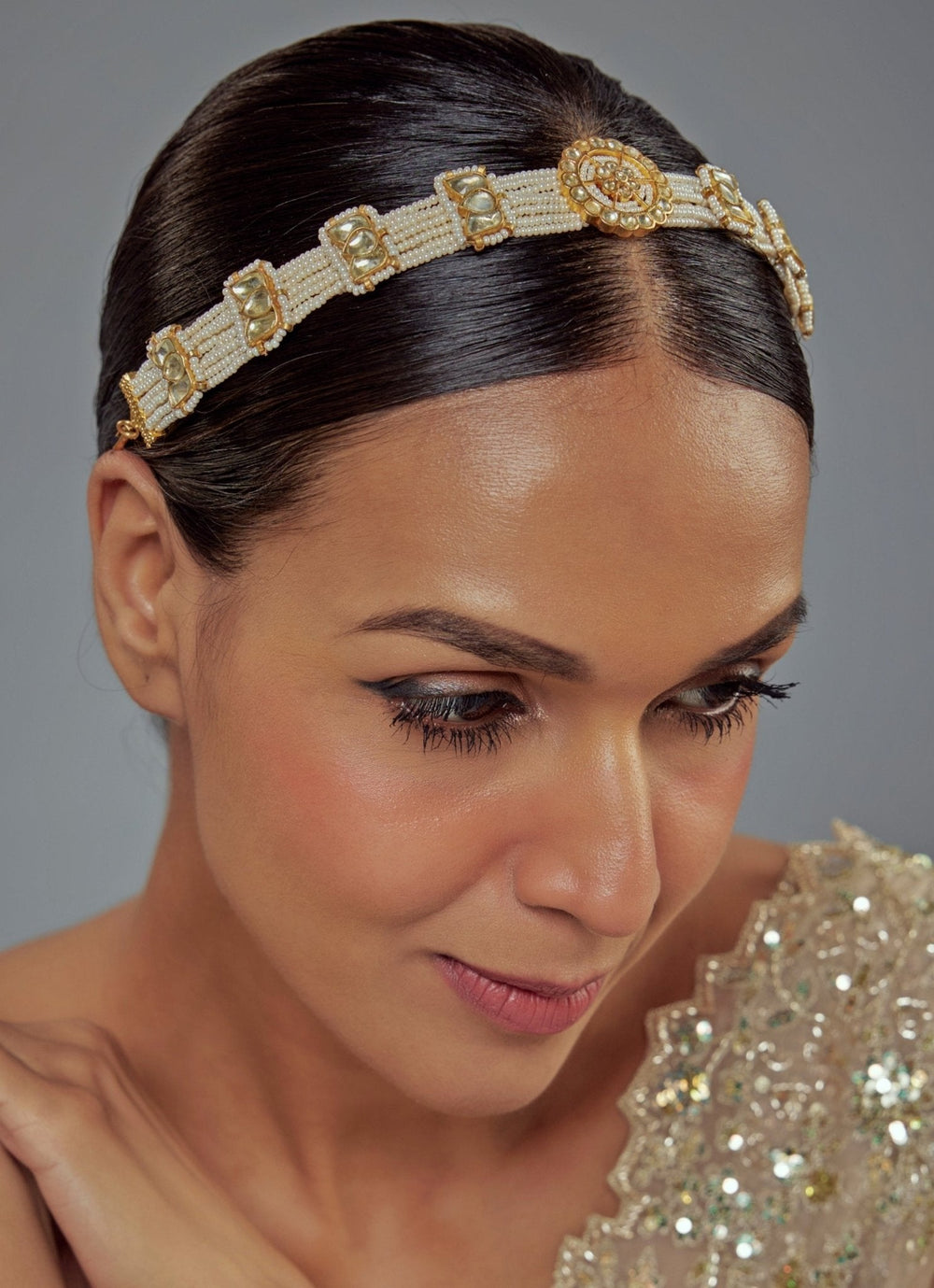 Gold Plated White Kundan And Polki Matha Patti Vivinia by Vidhi Mehra - Fabilicious Fashion