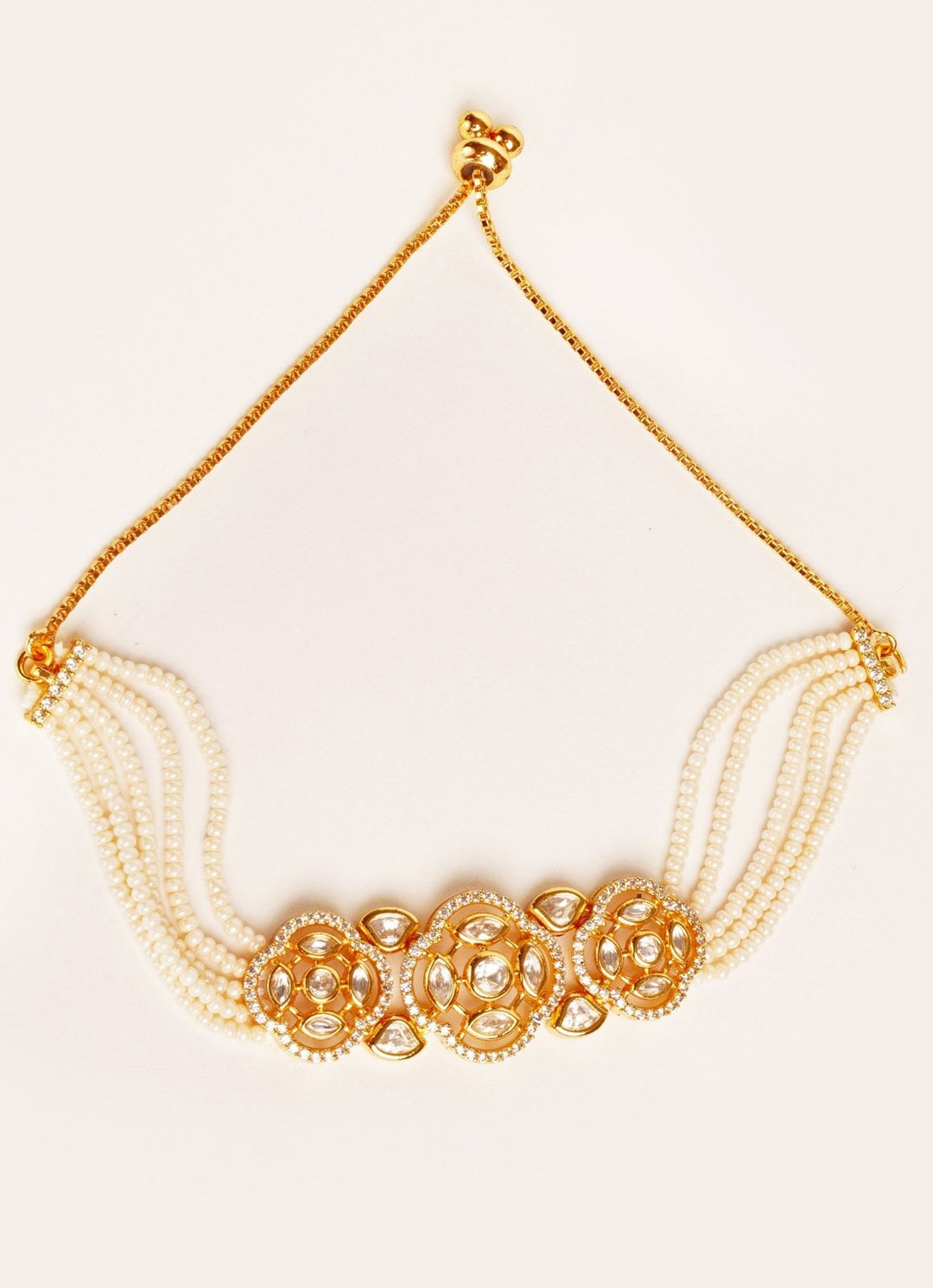 Gold Plated White Kundan Polki Bracelet With White Beads Zevar by Geeta - Fabilicious Fashion