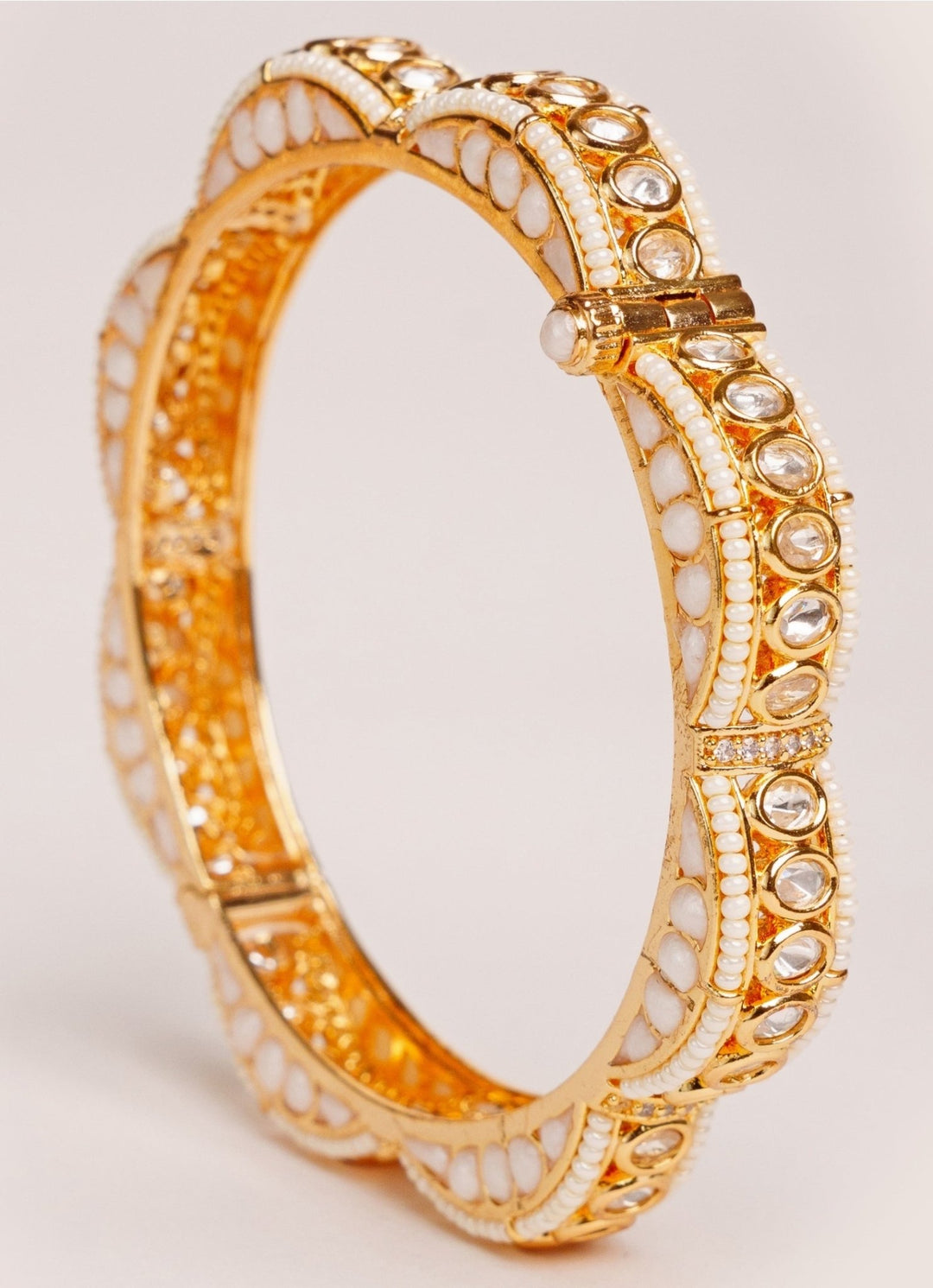 Gold Plated White Kundan Polki Openable Bangle Set Zevar by Geeta - Fabilicious Fashion