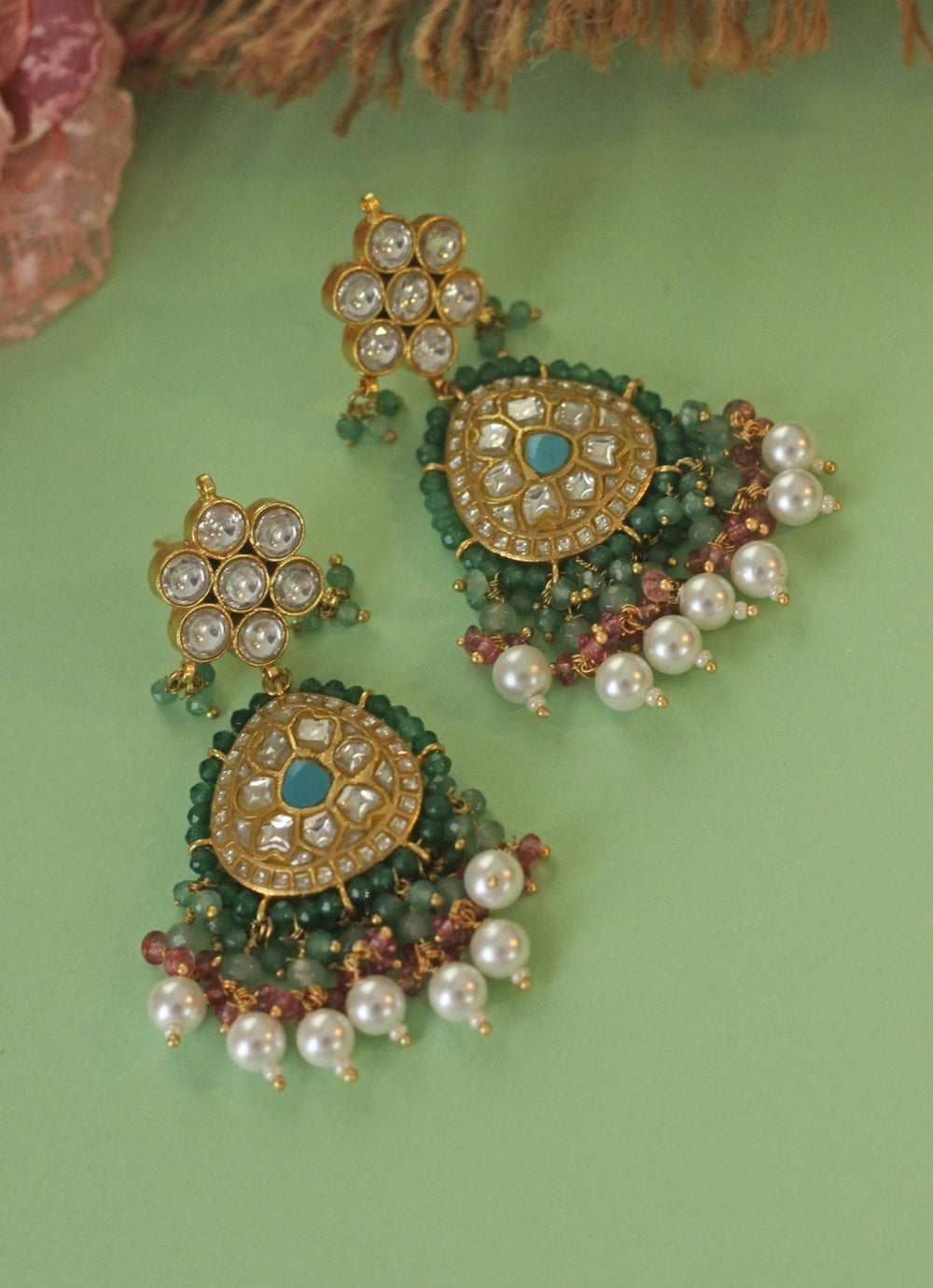 Gold Plated White Pearl Earrings With Pink And Sea Green Hangings Kalyani Indian Jewelry - Fabilicious Fashion