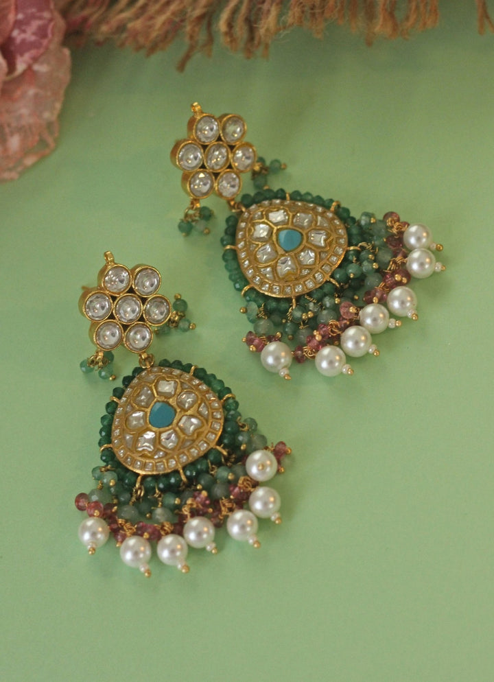 Gold Plated White Pearl Earrings With Pink And Sea Green Hangings Kalyani Indian Jewelry - Fabilicious Fashion