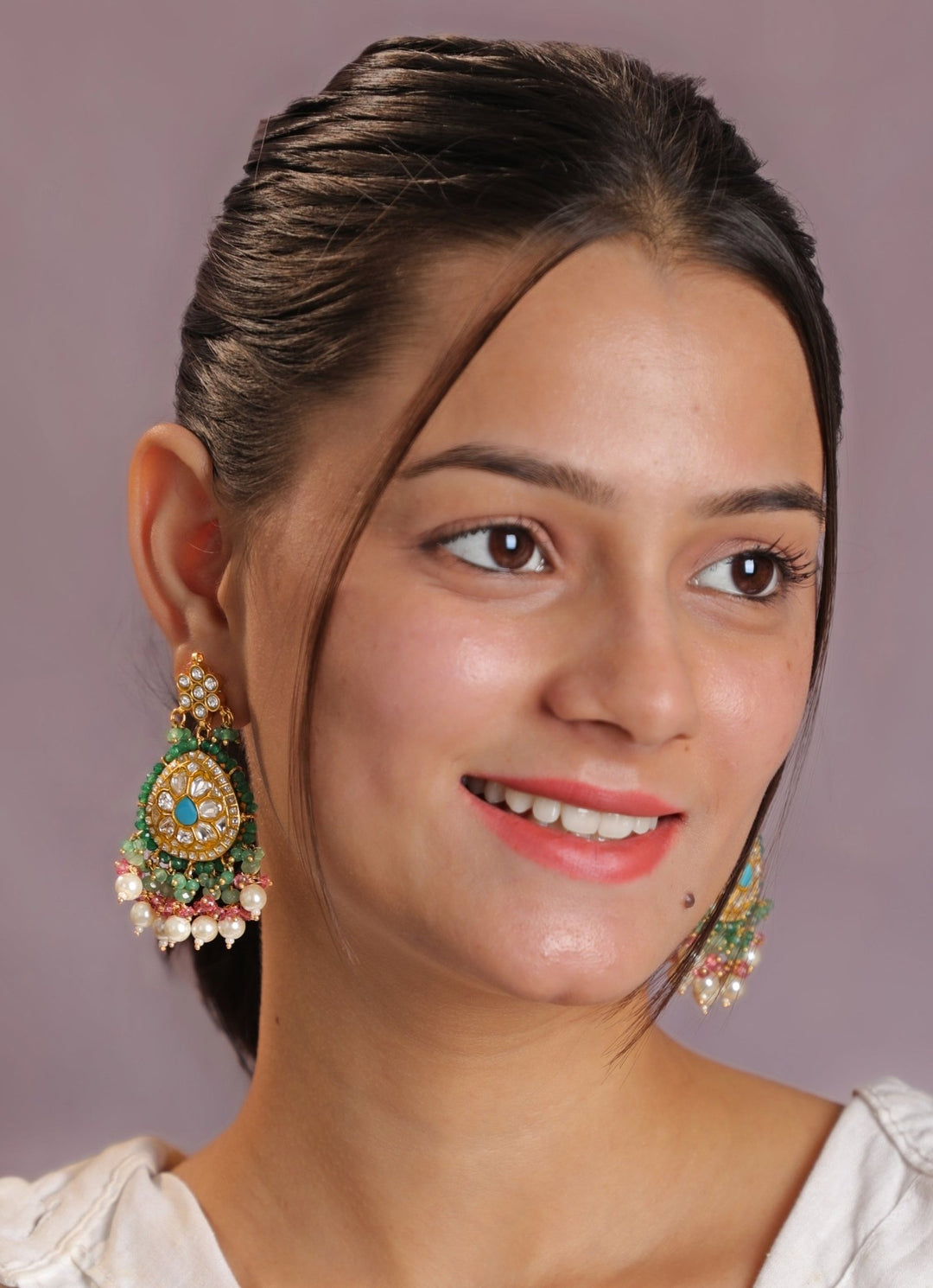 Gold Plated White Pearl Earrings With Pink And Sea Green Hangings Kalyani Indian Jewelry - Fabilicious Fashion