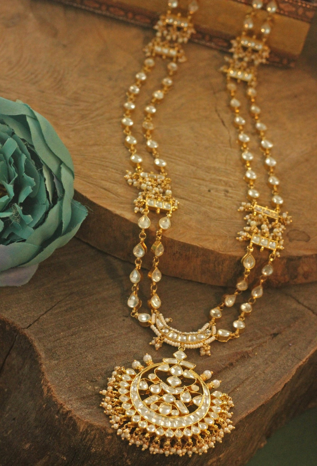 Gold Plated White Polki Long Necklace Kalyani Indian Jewelry - Fabilicious Fashion