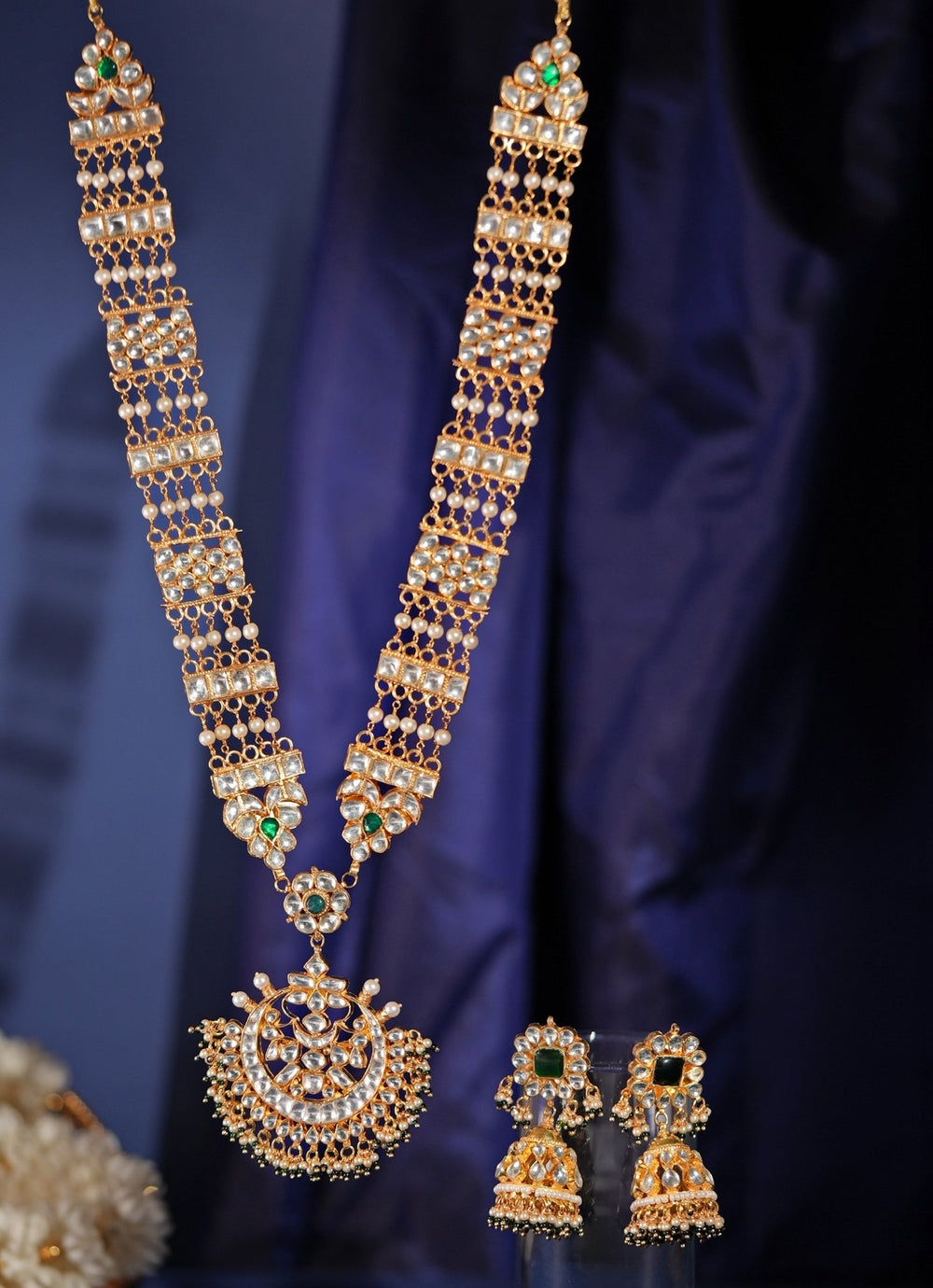Gold Plated White Stone And Green Hangings Long Necklace Set Kalyani Indian Jewelry - Fabilicious Fashion