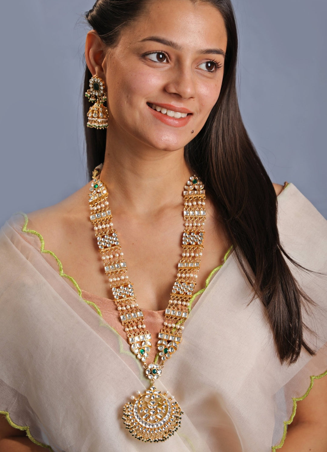 Gold Plated White Stone And Green Hangings Long Necklace Set Kalyani Indian Jewelry - Fabilicious Fashion
