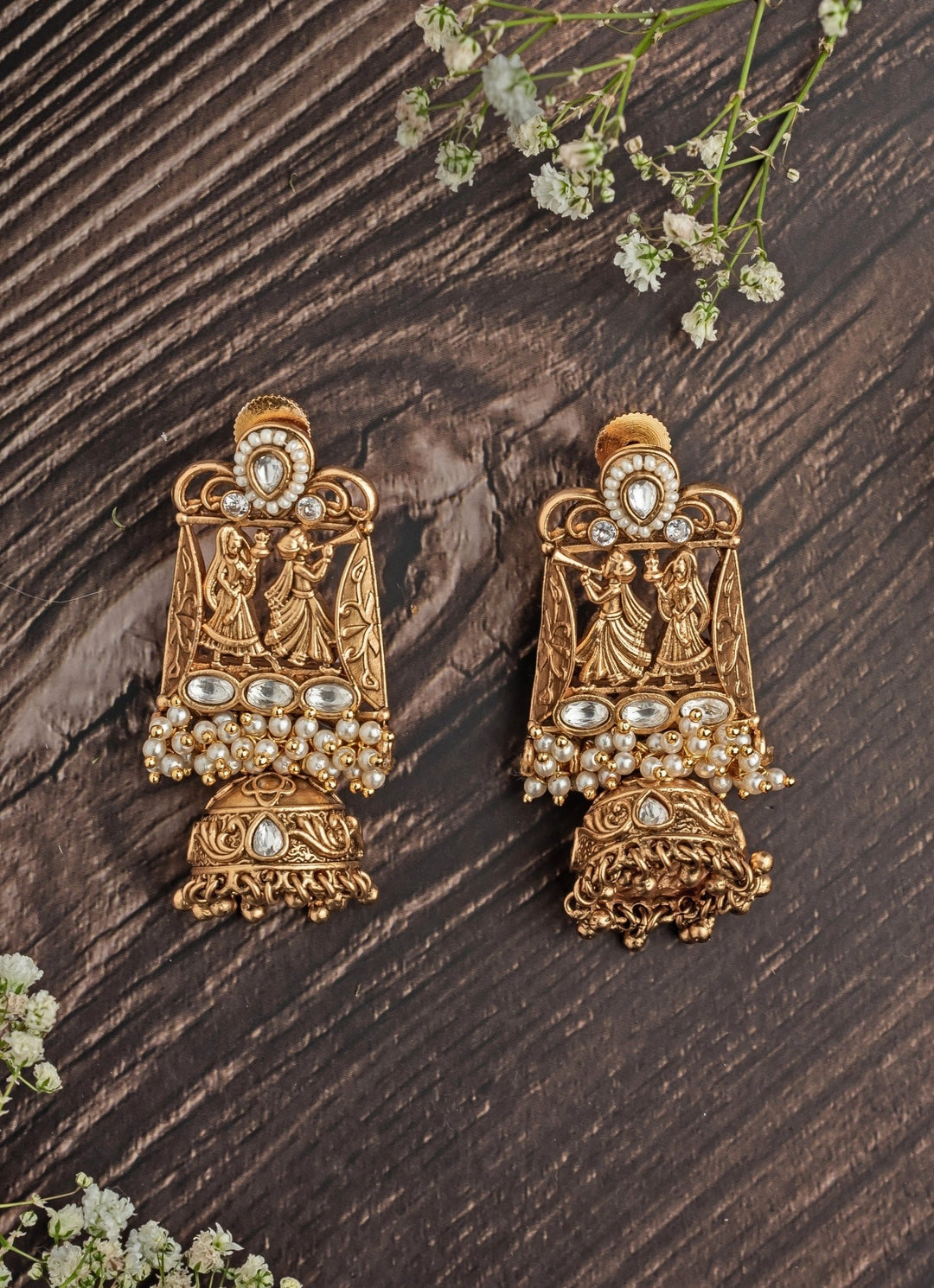 Gold Plated White Stone And Pearl Jhumka Earrings Vivinia by Vidhi Mehra - Fabilicious Fashion