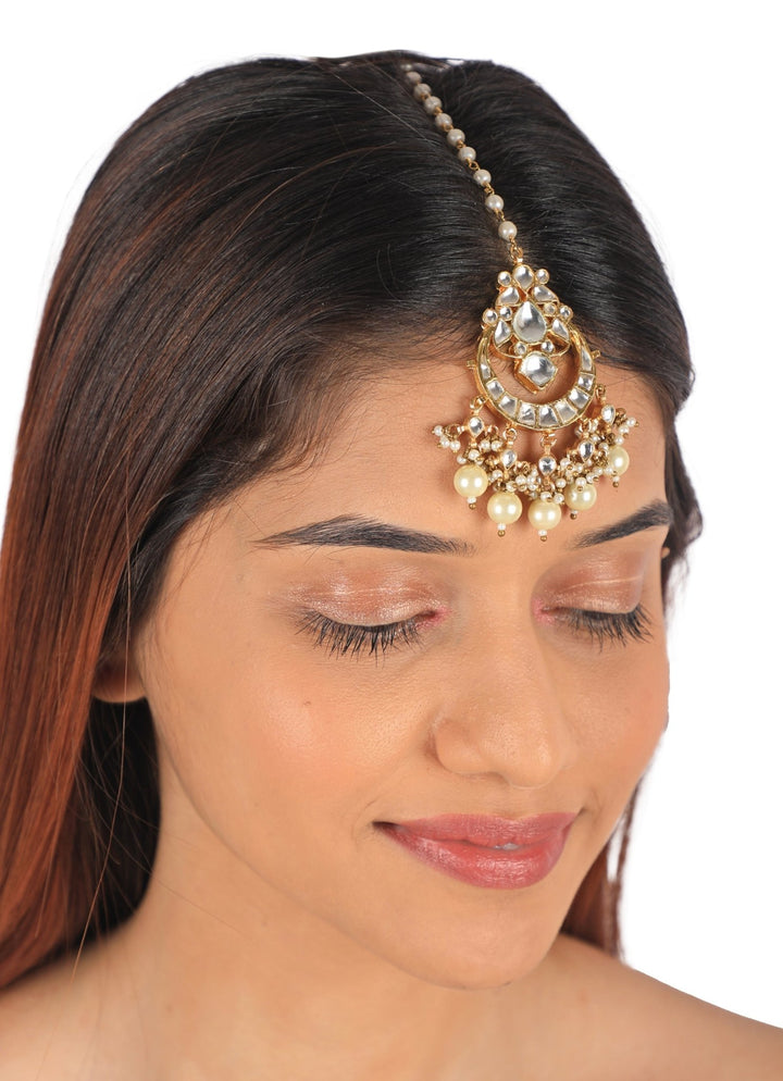 Gold Plated White Stone and Pearl Maang Tikka Riana by Shikha Jindal - Fabilicious Fashion